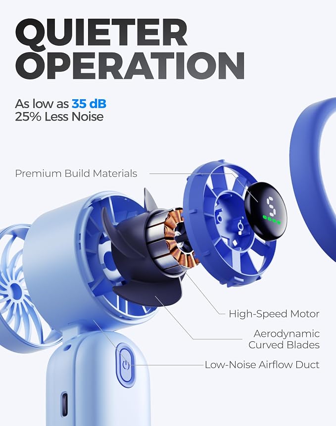 Diveblues Mini Handheld Fan, 30ft/s Portable Turbo Fan [12H Max Cooling], 4000mAh Personal Fan with LED Display, 3-in-1 Hand Held/Neck/Desk Fan for Travel, Cruise, Disney Essentials - Image 3