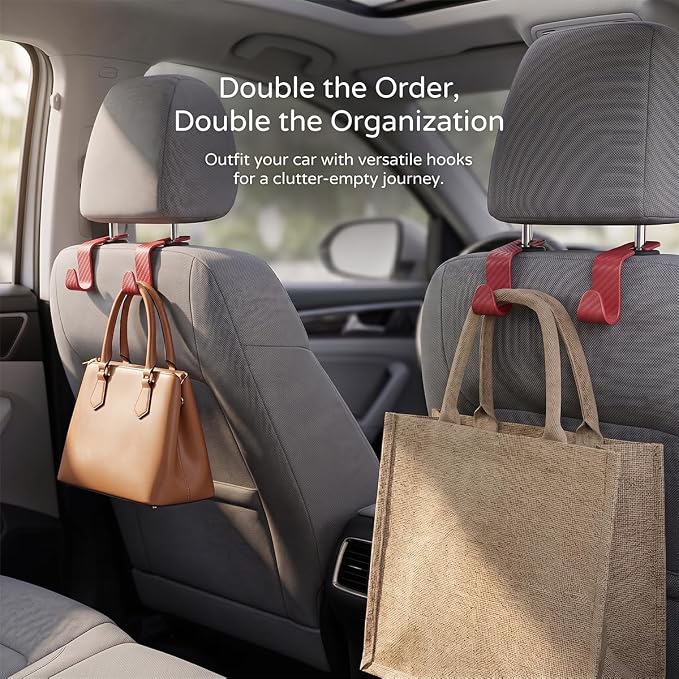 4PCS Car Seat Headrest Hooks, Auto Back Seat Hanger Holder, Durable Stylish Vehicle Organizer Universal Car Interior Accessories, Storage Hooks for Purses, Bags, Clothes (Carbon Fiber/Red) - Image 6