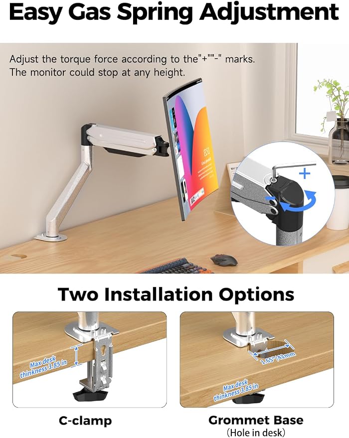 Suptek Single Monitor Mount,Adjustable Gas Spring Monitor Arm Desk Mount Stand Fits 17 20 22 23 24 26 27 32 33 35 36 inch,Holds up to 25 lbs, Silver(MD9S) - Image 8