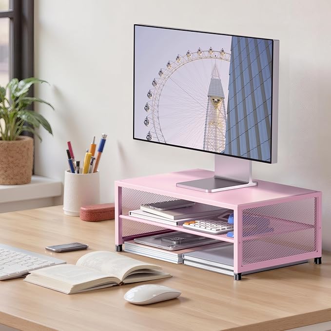 ECOLOVI 2-Tier Computer Monitor Stand Riser, Desk Organizer for Monitor, Printer & Laptop Stand, Desktop Workspace Organizers for Office Supplies(Pink) - Image 2