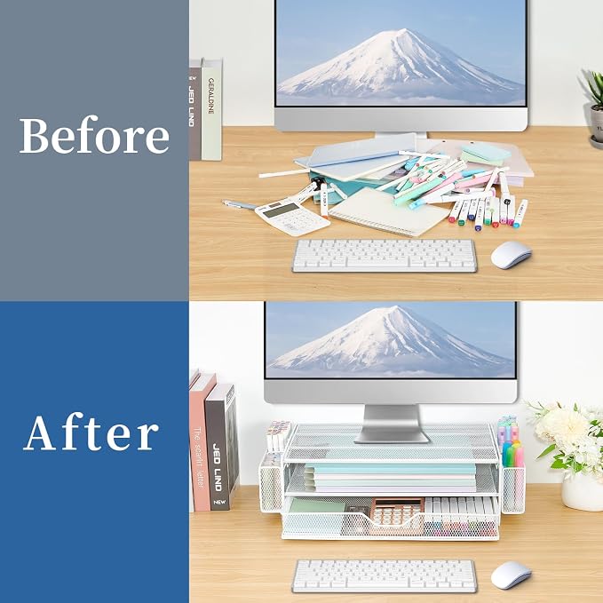 AUPSEN Computer Monitor Stands Riser，2-Tier Desk Organizers and Accessories, Office Desk Accessories Organizer with Drawers and 2 Pen Holder for Office Supplies (White) - Image 3