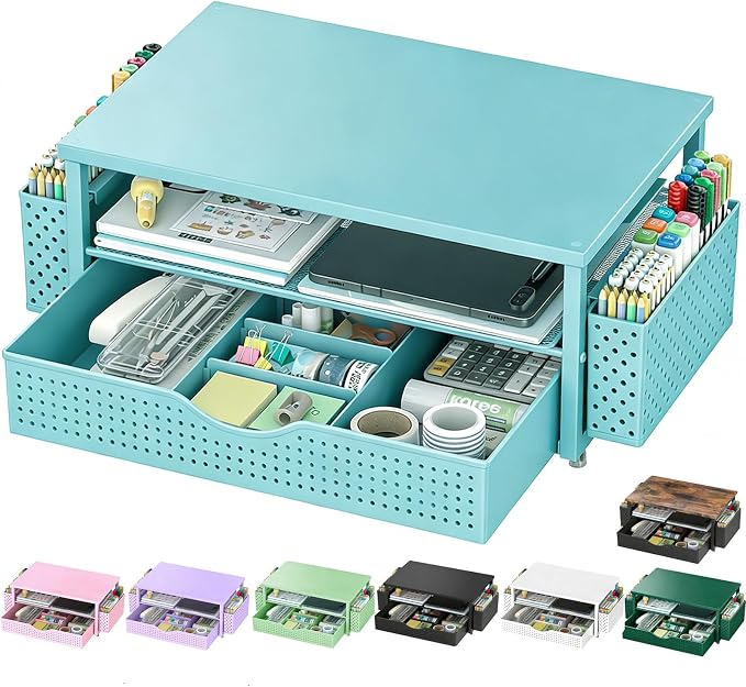 Spacrea Desk Organizer and Accessories, Computer Monitor Stand Riser with Drawer and 2 Pen Holders, Office Desk Accessories & Workspace Organizers for Office Supplies (Blue) by Spacrea