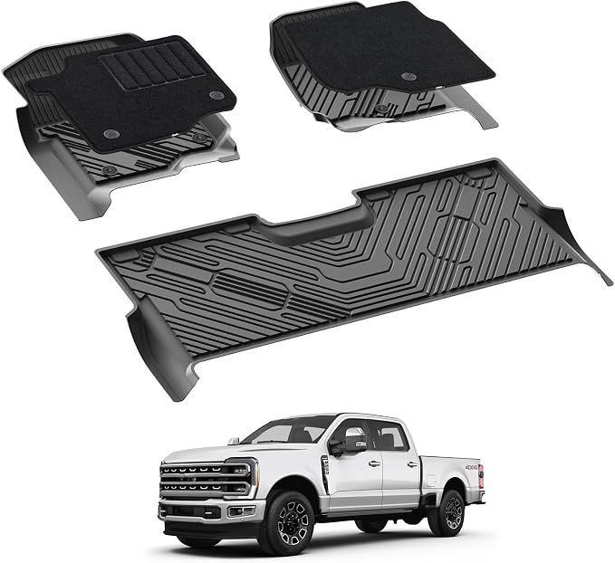 3W Floor Mats & Front Carpet for Ford Super Duty Crew Cab F-250 & F-350 & F-450 & F-550 (2017-2024 2025), All-Weather Storage TPE 1st & 2nd Row Liners, Bucket Seat Compatible, Not for Vinyl Floor by 3W