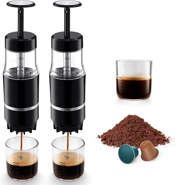 Portable Coffee Maker for Travel & Camping, Travel Lightweight Coffee Machines, Manually Operated, Compatible with Ground Coffee & NS Capsule Black (2Pcs) by PHCOHIDO
