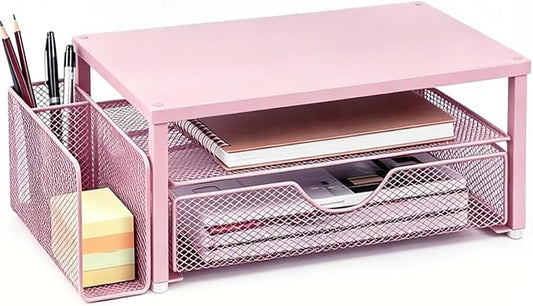 Spacrea Desk Organizer and Accessories, Computer Monitor Stand Riser with Drawer and 1 Open Pen Holder, Printer & Laptop Stand, Office Desk Accessories for Home Office Supplies (Pink) by Spacrea