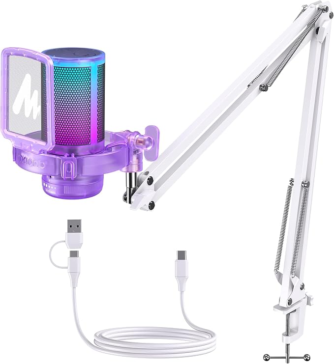 MAONO DGM20S USB Microphone for PC with Clear Voice & Noise Reduction | RGB Lighting, Tap-to-Mute, Gain Control, Monitoring and Boom Arm for Discord Gaming, Streaming, Content Creation.Purple by MAONO