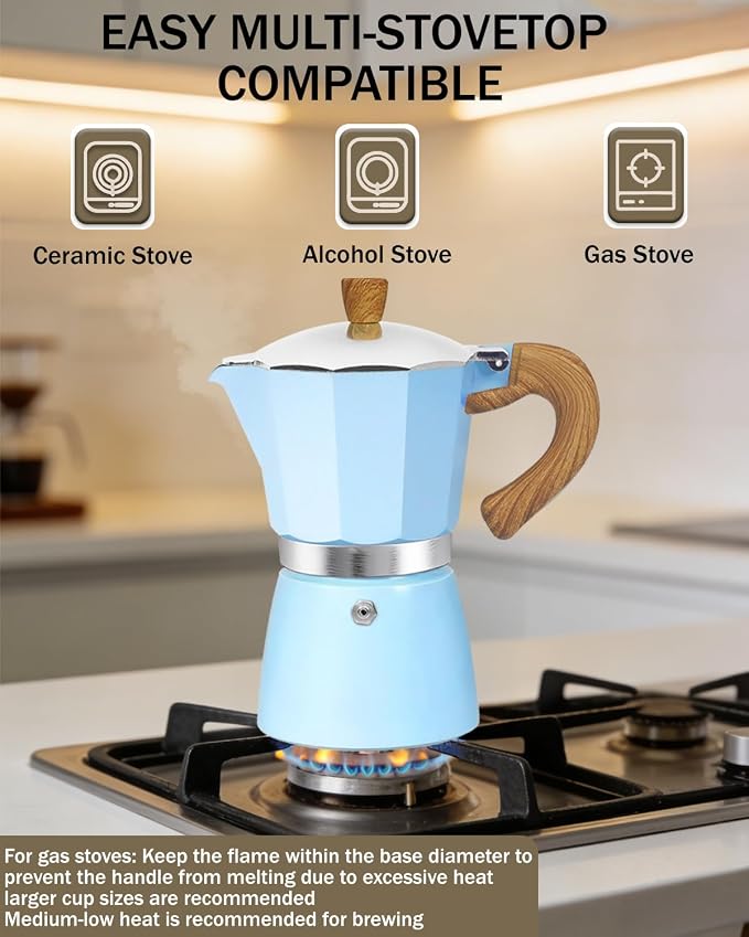 Coffee Maker Stovetop Espresso Maker 12 Cup Aluminum Moka Pot Percolator 20oz 600ml Easy Brewing for Electric Ceramic Stoves Home Camping Italian Cuban Café Classic Blue - Image 5
