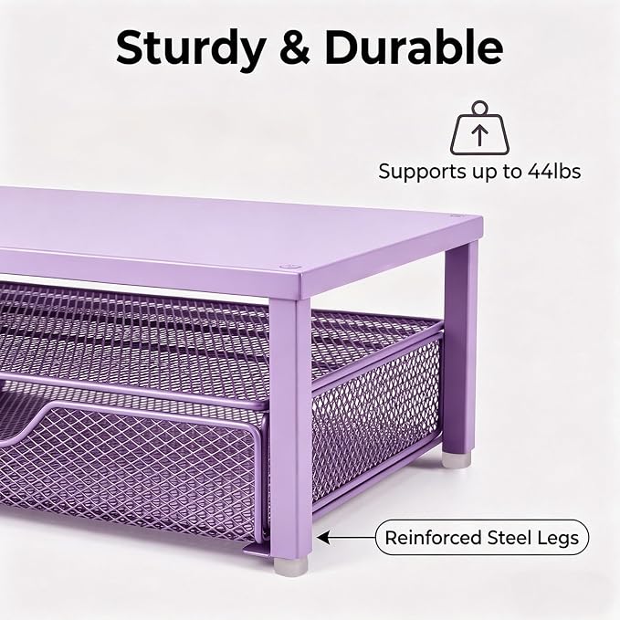 Spacrea Desk Organizer and Accessories, Computer Monitor Stand Riser with Drawer and 1 Open Pen Holder, Printer & Laptop Stand, Office Desk Accessories for Home Office Supplies (Purple) - Image 4