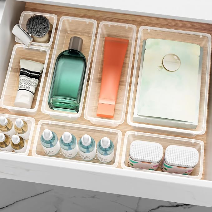 ElegantArray 48 PCS Drawer Organizer Set, 4 Sizes Tool Storage Trays, Clear Plastic Makeup Vanity Organizer and Storage Bins for Makeup, Stationeries, Multiple Gadgets for Bathroom, Office, Bedroom - Image 7