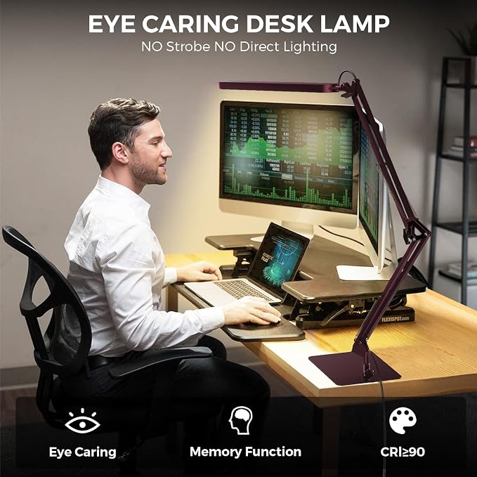 SKYLEO LED Desk Lamp with Slim Base - Adjustable Swing Arm Desk Light, Dimmable, Timer, Eye Protection, Memory Function, 1300LM, 12W, Red - Image 5