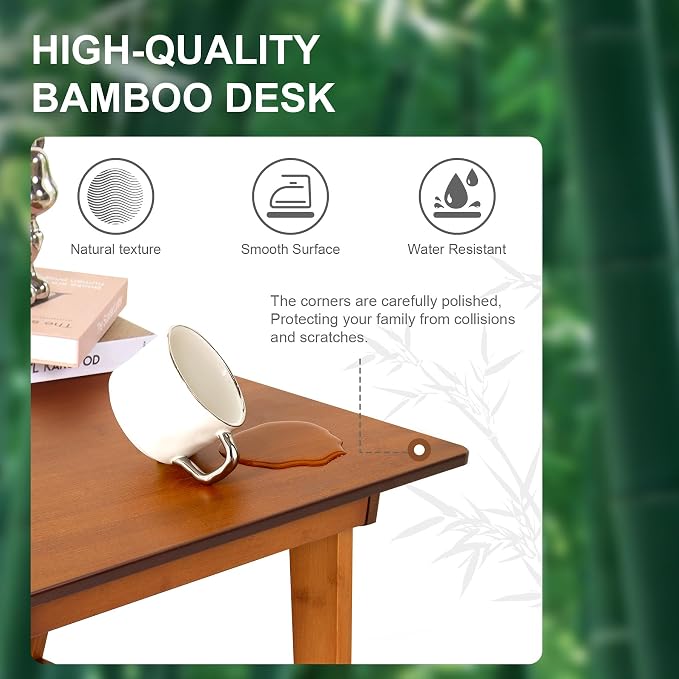 Nnewvante 46" Bamboo Writing Desk with Drawers for Home Office, Brown | Work Study Laptop Table, Computer Desk with Storage for Bedroom, Modern Simple Style - Image 5