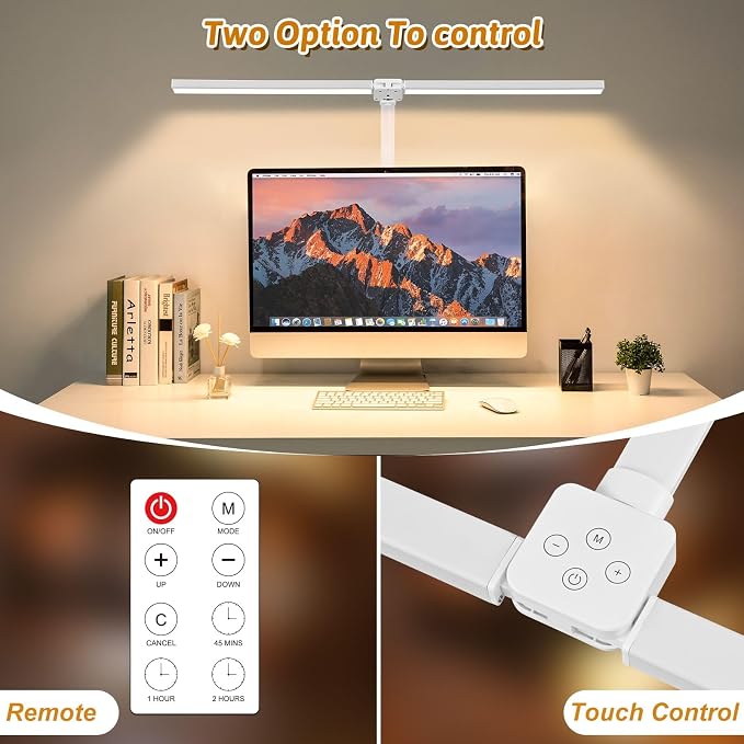 LED Desk Lamp with Clamp and Base, Dual Head Monitor Light | 24W Dimmable Eye-Caring Task Lamp with Timer, Anti-Glare Cover and Gooseneck for Home Office Dorm, Workbench and Study - Image 2
