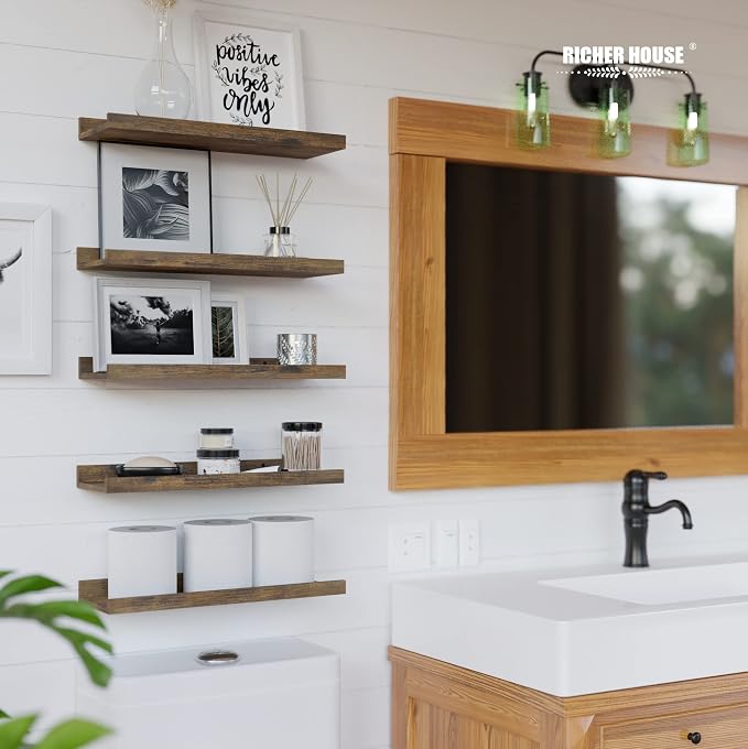 RICHER HOUSE 5-Set Floating Shelves with Lip, Brown Wall Mounted Wood Shelf | Display Picture Ledge Shelf, Anti-drop lip Shelf for Room Wall Decor, Bedroom Bathroom Storage Nursery Books, Easy Setup 16in - Image 5