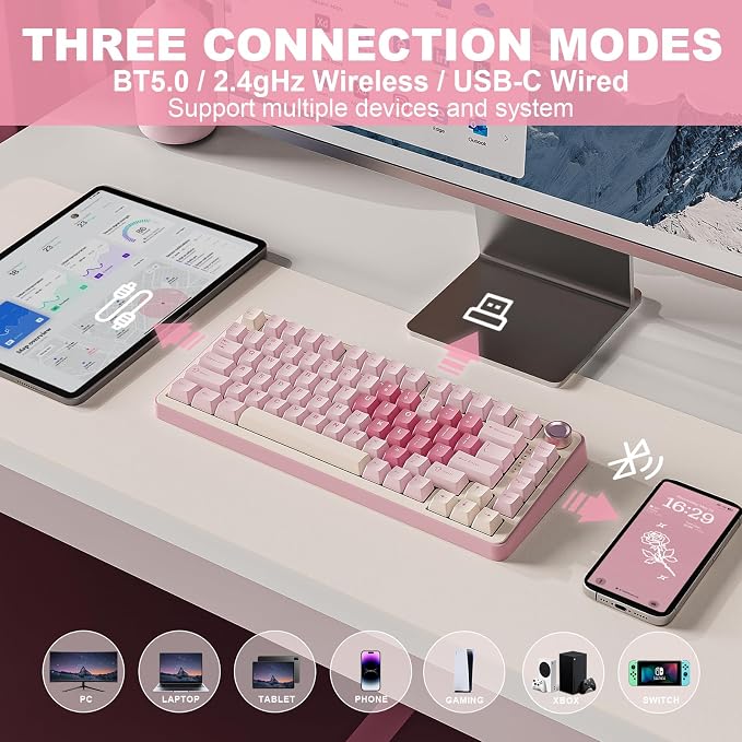 YUNZII B75 PRO 75% Wireless Mechanical Keyboard (Pink,MilkV2) | Hot Swap Keyboard with Knob, Gasket Mount, Creamy Pre-lubed Switch for Smooth Typing, BT/USB-C/2.4G, for Gaming - Image 3