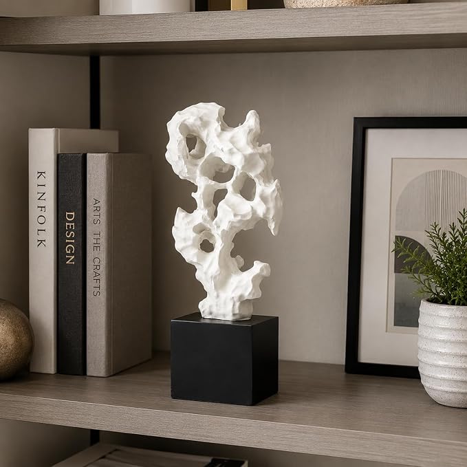 11.8" Modern Abstract Sculpture | Stone Home Decor, Resin White and Black Art Statues for Living Room, Coffee Table Centerpiece, TV Stand Shelf Bookshelf Decor - Image 5