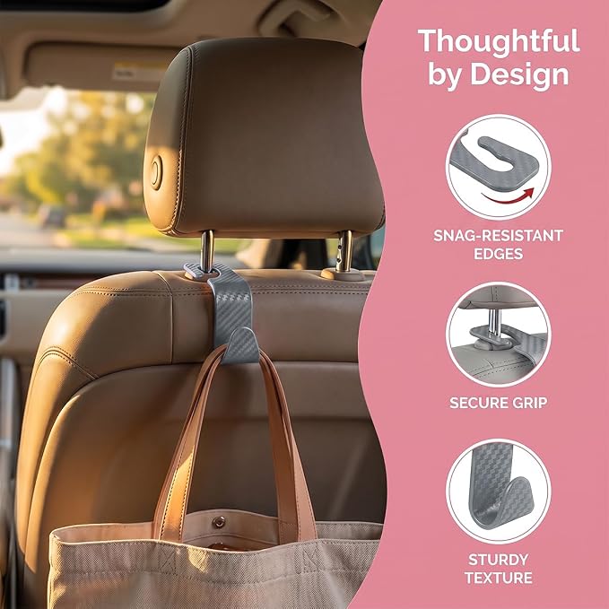 4PCS Car Seat Headrest Hooks, Auto Back Seat Hanger Holder, Durable Stylish Vehicle Organizer Universal Car Interior Accessories, Storage Hooks for Purses, Bags, Clothes (Carbon Fiber/Grey) - Image 3