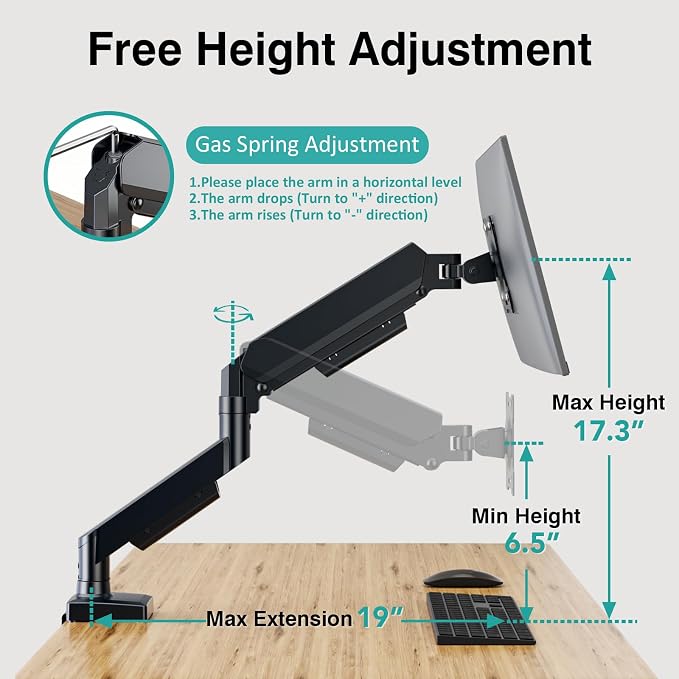 Single Monitor Arm, Monitor Mount for 17-32 inch Screens Gas Spring Adjustable Monitor Stand, Vesa Mount with Clamp and Grommet Aluminum Base - Fits 4.4 to 22lbs LCD Computer Monitors AX09DB01-1 - Image 6