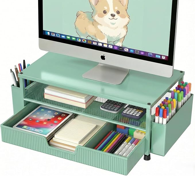ECOLOVI Desk Organizer and Accessories, 2-Tier Computer Monitor Stand Rise with Storage Drawer & 2 Pen Holders, Laptop & Printer Stand for Desktop, Workspace Organizers for Office Supplies (Green) by ECOLOVI