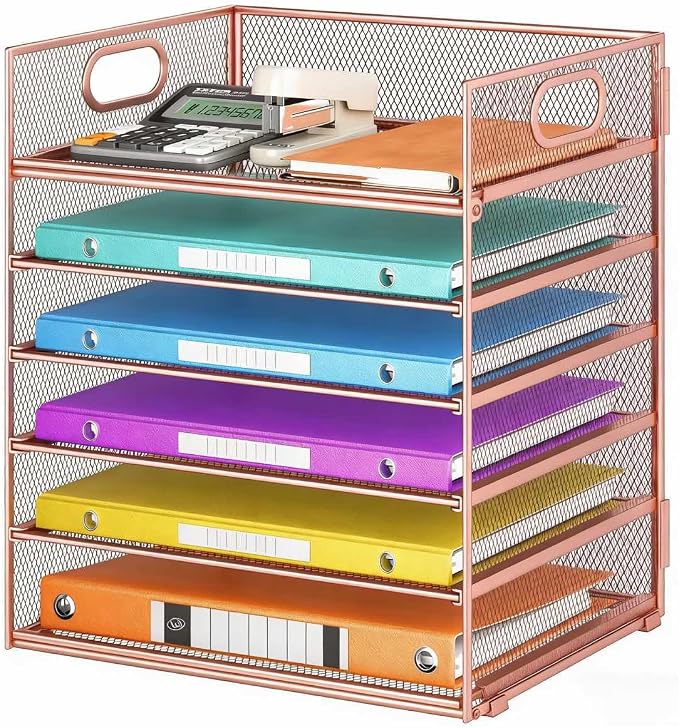 6 Tiers Letter Tray Paper Organizer with Handle, Mesh Desk File Organizer, Metal Desktop Document Shelf Organization, Paper Sorter Organizer for Office, Home or School File Folder Holder (Rose Gold) by Lavatino