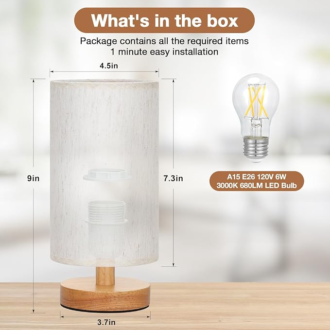 Fenmzee 9" Small Table Lamp for Bedroom - Inline Control with 3000K Blub | Cream Shade and Wood Base | 680 Lumens | Easy Assembly | Minimalist Design | E26 | for Kitchen | for Kids Room - Image 3