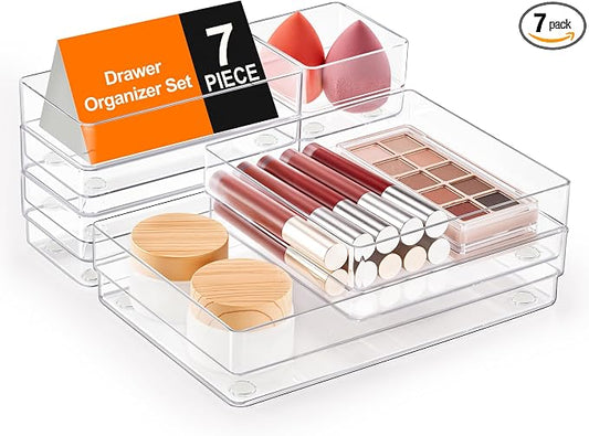 SMARTAKE 7 PCS Drawer Organizer, 4-Size Desk Drawer Organizer Trays | Storage Tray with Non-Slip Silicone Pads for Makeup, Jewelries, Utensils in Bedroom Dresser, Office and Kitchen (Clear) by SMARTAKE