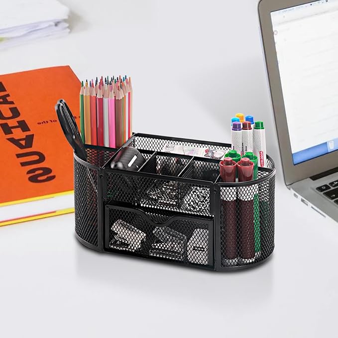 Comix Mesh Pen Pencil Holder Desk Organizer, 8 Compartment and 1 Drawer Wire Desktop Pen Pencil Cup Caddy Office Supplies Accessories for Home Office School, Black - Image 6