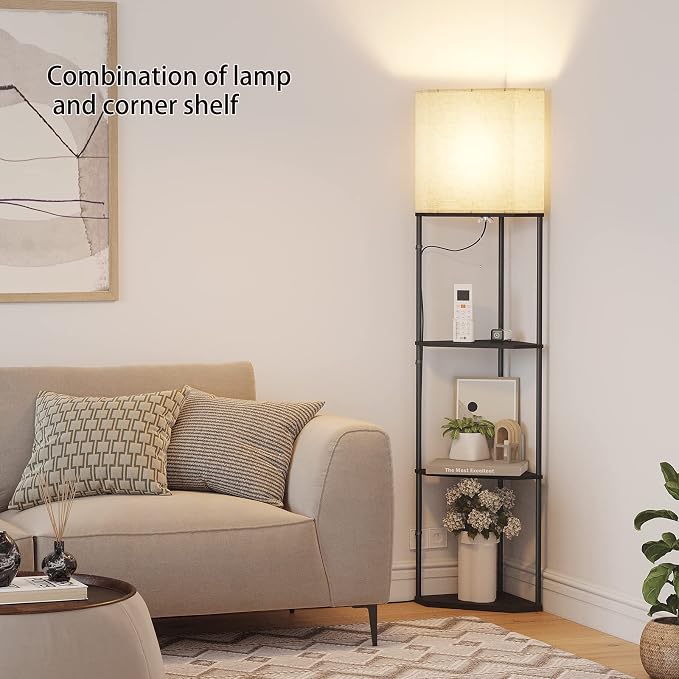 SUNMORY Sector Corner Shelf Lamp 3 Color Temperatures LED Bulb,Corner Lamps with Linen Lampshade, Floor Lamps for Living Room, Bedroom, Study, Black Standing Lamp with Shelves - Image 3