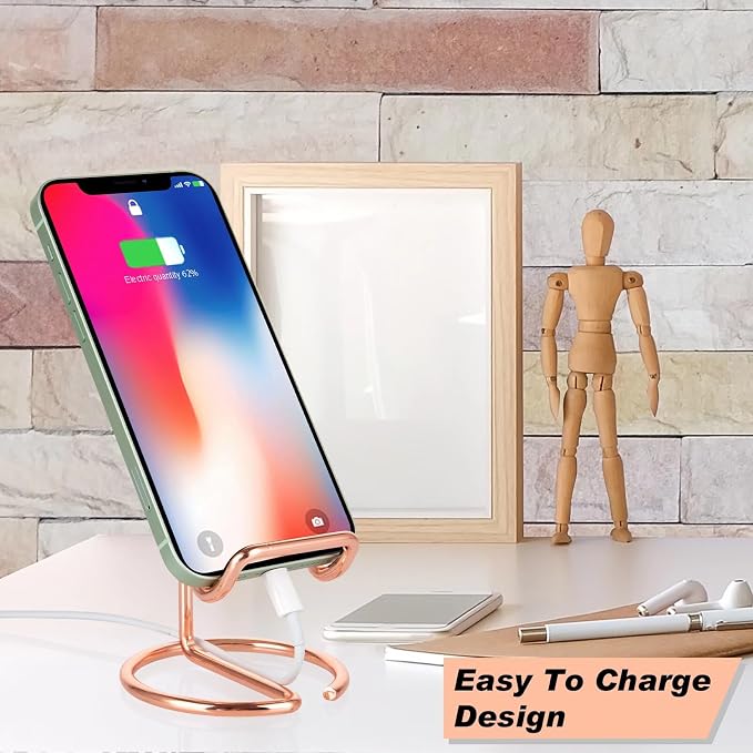 ROPOSY 2 Pack Cell Phone Stand for Desk, Cute Metal Rose Gold Cell Phone Stand Holder Desk Accessories, Compatible with All Mobile Phones, iPhone, iPad - Image 3