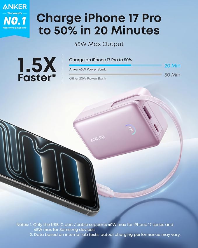 Anker Nano Power Bank, 45W 10,000mAh Portable Charger, iPhone Battery Pack | Built-In Retractable USB-C Cable, for iPhone 17 / 16 Series, iPad, Galaxy, Pixel, and More, Compact Travel Design - Image 2