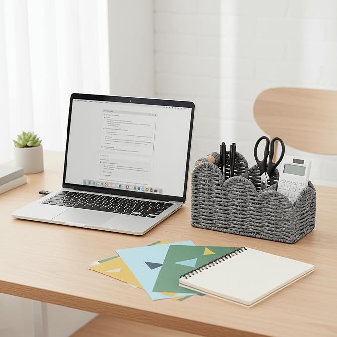 CubesLand Bedside Table Desk Organizer Caddy, Remote Pen&Pencil Holder Cup | Makeup Brush Holder w/Scalloped Perfect for Home, Office Desk, Living Room Table Decor, 3 Slots Grey - Image 3