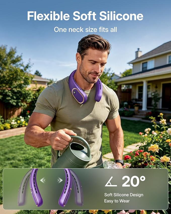 SHEWIND Portable Neck Fan - 5000mAh Rechargeable Hands-Free Wearable Fan | 4 Speeds, Bladeless & LED Display | Personal Cooling Fan for Travel, Outdoors, Camping - Purple - Image 7