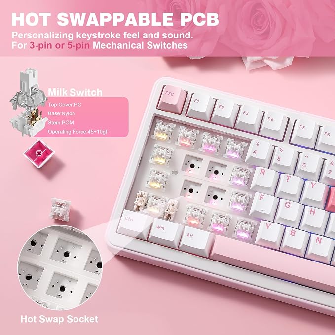 YUNZII B75 PRO 75% Wireless Mechanical Keyboard (White Heart,MilkV2) | Hot Swap Keyboard with Knob, Gasket Mount, Creamy Pre-lubed Switch for Smooth Typing, BT/USB-C/2.4G, for Gaming - Image 5