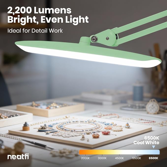 Neatfi XL 2200 Lumens 24W LED Desk Lamp – Shadow-Free Task Lighting | 4-Level Dimming | Home Office & Crafts Use | 20-Inch Wide Head (Midnight Green, Non-CCT with Clamp) - Image 6
