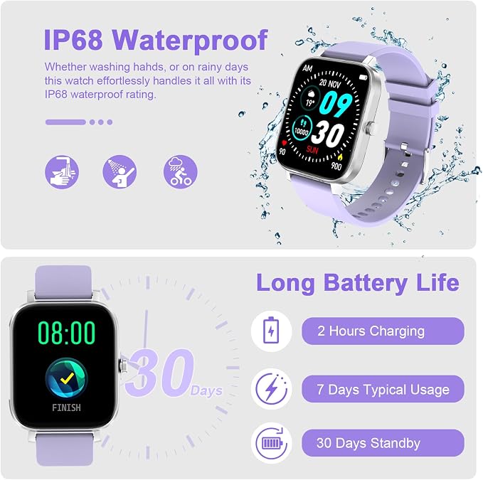 Smart Watch for Men Women Compatible with iPhone Samsung Android Phone 1.69 inch Full Touch Screen IP68 Waterproof Bluetooh Fitness Tracker Heart Rate/Sleep Monitor (Purple) - Image 6