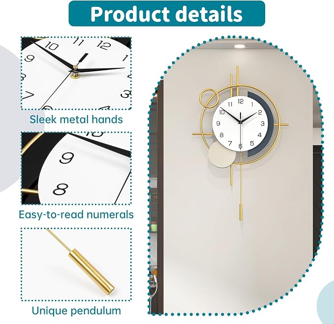 Wall Clock Decorative Large Modern Wall Clock Silent Non-Ticking Battery Operated Gold Unique Pendulum Clock for Living Room,Bedroom,Office,Kitchen,Bathroom,Wall Decor 13.8x21.9in - Image 5