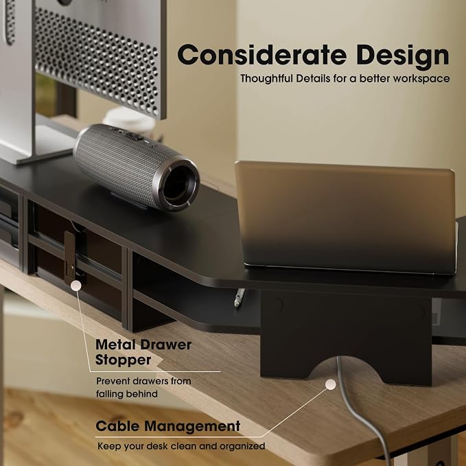 Fenge Dual Monitor Stand, 2-Tier Corner Monitor Riser with Drawer and Slide-out Tray, Triangle Desktop Shelf Organizer for Laptop Computer Printer Home Office Desk, Black - Image 6