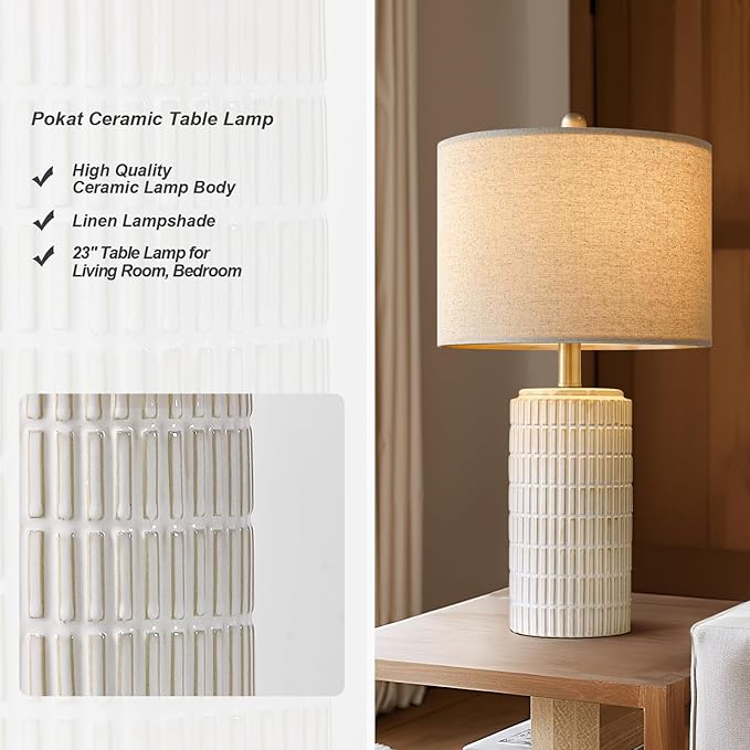 PoKat 23'' Bedside Table Lamp for Bedroom Nightstands, Birthday Gifts for Women Mom, House Warming Gifts New Home Decor, Ceramic Desk Lamp for Living Room, White Modern Bedroom Lamp - Image 3