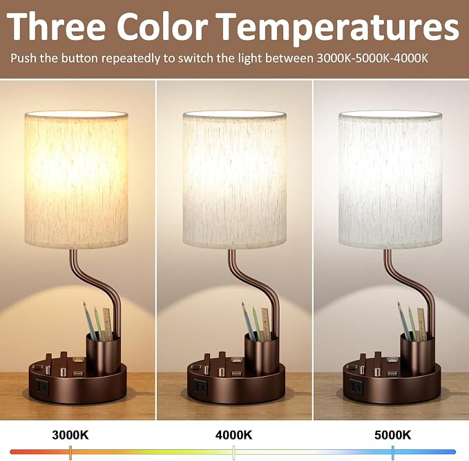 Fenmzee Bedside Lamps for Bedroom Set of 2 - Table Desk Lamp for Nightstand | 15" Table Lamp for Living Room with Pen Holder & Phone Stand, USB A+C Port, AC Outlet, 3 Color Temperature, LED Bulb Included - Image 2
