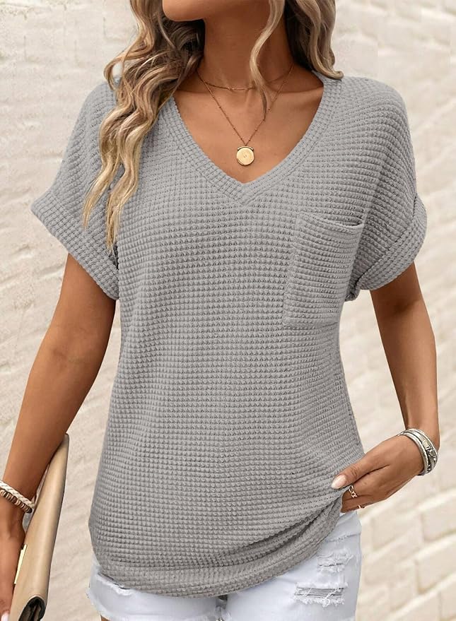 Dokotoo Womens Waffle Knit Tops 2026 Spring Summer V Neck Shirts Casual Trendy Women's Blouses Basic Tee - Image 2