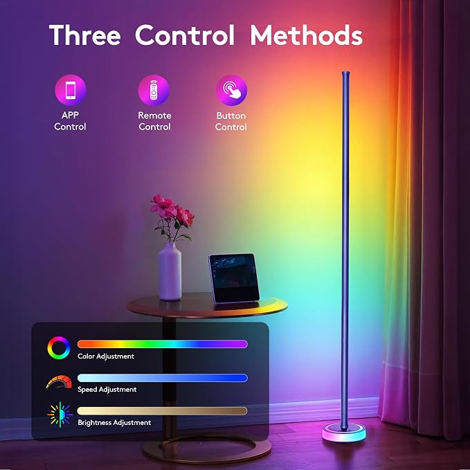 59" Smart LED Corner Floor Lamp, RGBICW Color Changing Ambient Lighting, App Control Music Sync Mood Light, Modern Dimmable Room Decor for Bedroom, Living Room, Gaming Setup, Blue - Image 3