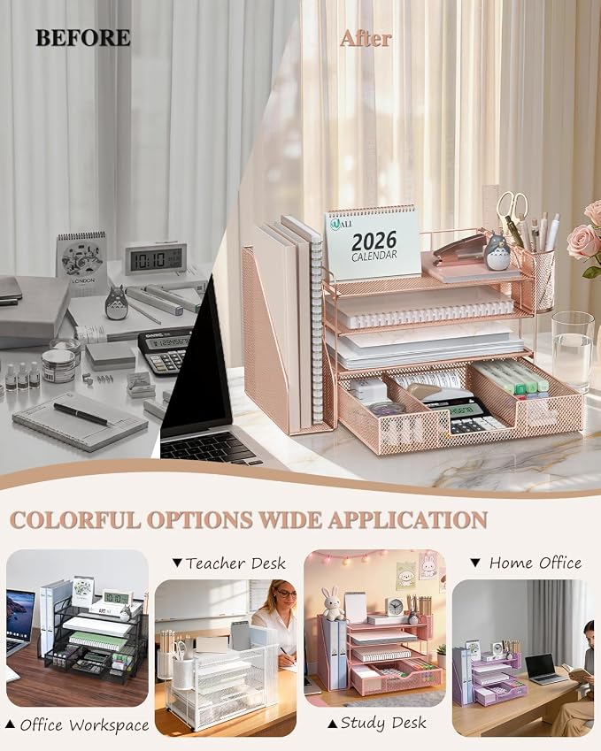 WALI Desk File Organizer, 4 Tier Desktop Paper Letter Tray Organizer with Drawer and 2 Pen Holders, Office Desk Accessories & Workspace Organizers for Office, Home, School Supplies, 1 Pack, Rose Gold - Image 6
