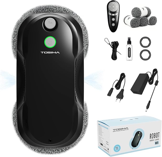 Tosima W5 Window Cleaning Robot, 6400Pa Max Adaptive Suction, Auto-Spray Smart Window Cleaner with Triple Safety System, Intelligent Navigation, Remote Control, for All Smooth Surfaces, Black by Tosima