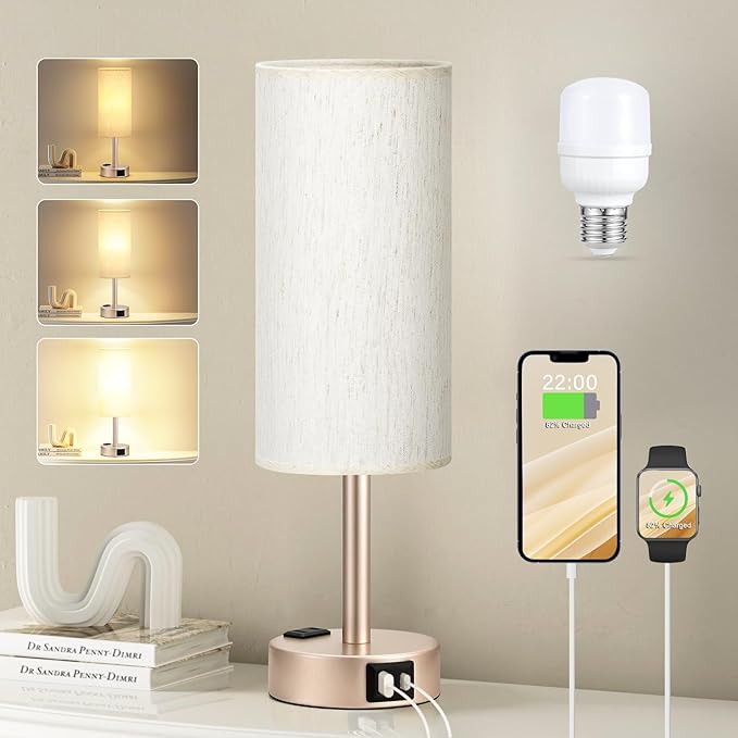 Fenmzee Bedside Table Lamp for Bedroom - 3 Way Dimmable Touch Lamp USB C Charging Ports and AC Outlet, Small Lamp Gold Base Round Flaxen Fabric Shade for Living Room, Desk, LED Bulb Included by Fenmzeelighting