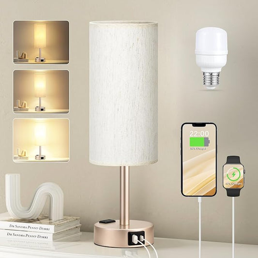 Fenmzee Bedside Table Lamp for Bedroom - 3 Way Dimmable Touch Lamp USB C Charging Ports and AC Outlet, Small Lamp Gold Base Round Flaxen Fabric Shade for Living Room, Desk, LED Bulb Included by Fenmzeelighting