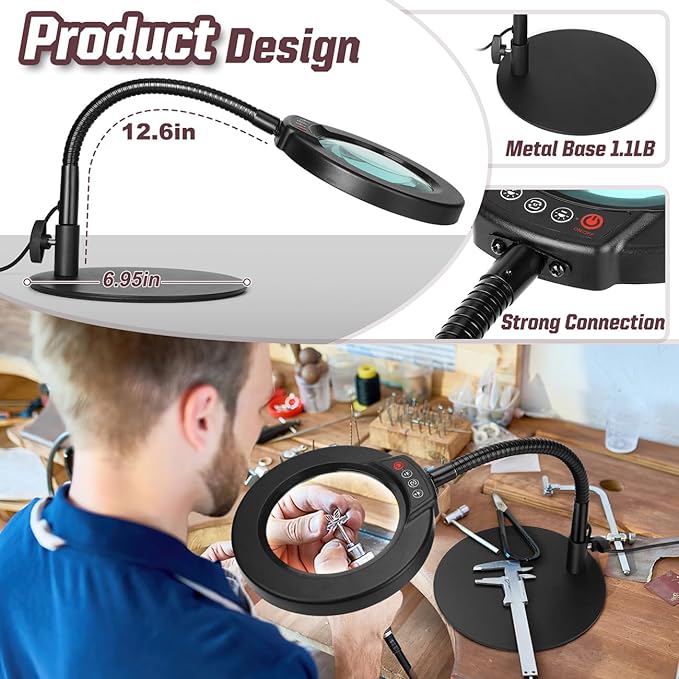 10X Magnifying Glass with Light and Stand, 5 Color Modes Stepless Dimmable LED Lighted Desk Lamp, Hands Free Magnifier with Flexible Goose-Neck for Craft Hobby Painting Sewing Close Work - Image 4