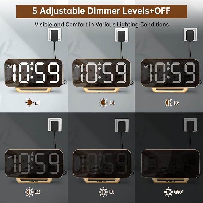 Peakeep Slim Digital Mirror Aesthetic Alarm Clock for Bedrooms Desk Decor | Plug in Electric Big LED Modern Small Clock for Office Living Room, Battery Backup, 6 Dimmers (Gold) - Image 4