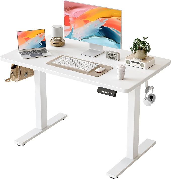 TIQLAB Height Adjustable Electric Standing Desk, 40 x 24 inch, Sit Stand Up Desk, Splice Board, Computer Home Office Desk, White Top by TIQLAB