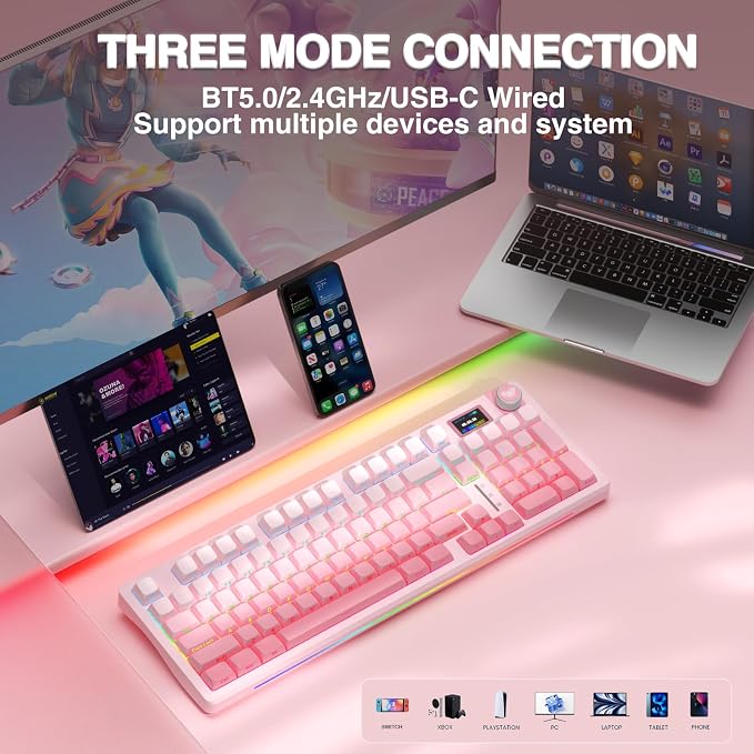 AULA S98 Pro Wireless Mechanical Keyboard with Screen & Knob,2.4GHz/USB-C/BT5.0 Hot Swappable Pink Creamy Keyboard,Pre-lubed Linear Switches,Side Printed PBT Keycaps,RGB Backlit Gaming Keyboards - Image 4