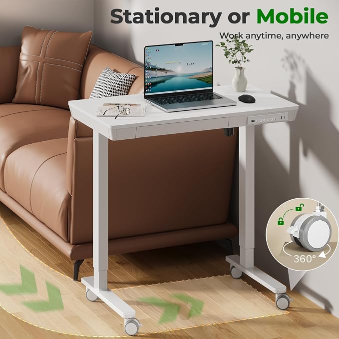 35" Electric Standing Desk with Drawer, 4 Lockable Wheels | Height Adjustable Quick Install One-Piece Tabletop with USB Charging Port, Small Sit to Stand up Desk for Home Office, White - Image 9