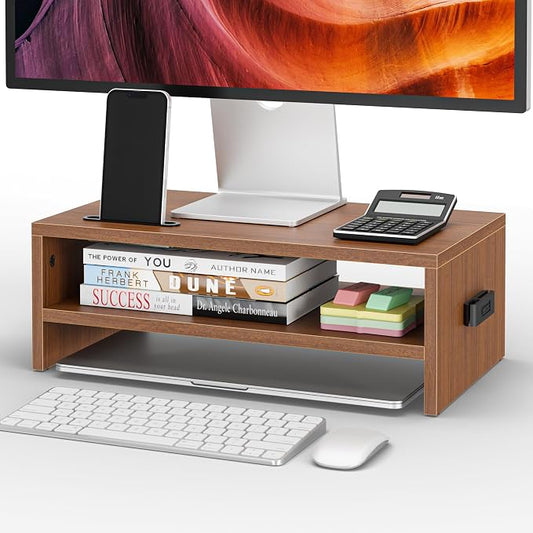 BONTEC Wooden Monitor Stand Riser, 2-Tier Desk Shelf with Storage Organizer, Ergonomic Computer Stand with Cable Management, Cellphone Holder, Walnut, 16.5 Inch by BONTEC